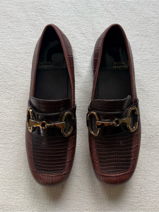 Jeffrey Campbell Shoes - Jeffrey Campbell Student-2 Women’s Brown Croc-Embossed Loafers with Gold Bit